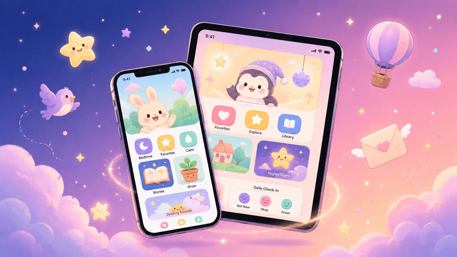 A smartphone and tablet with WunderTrove's child-friendly UI peeking out