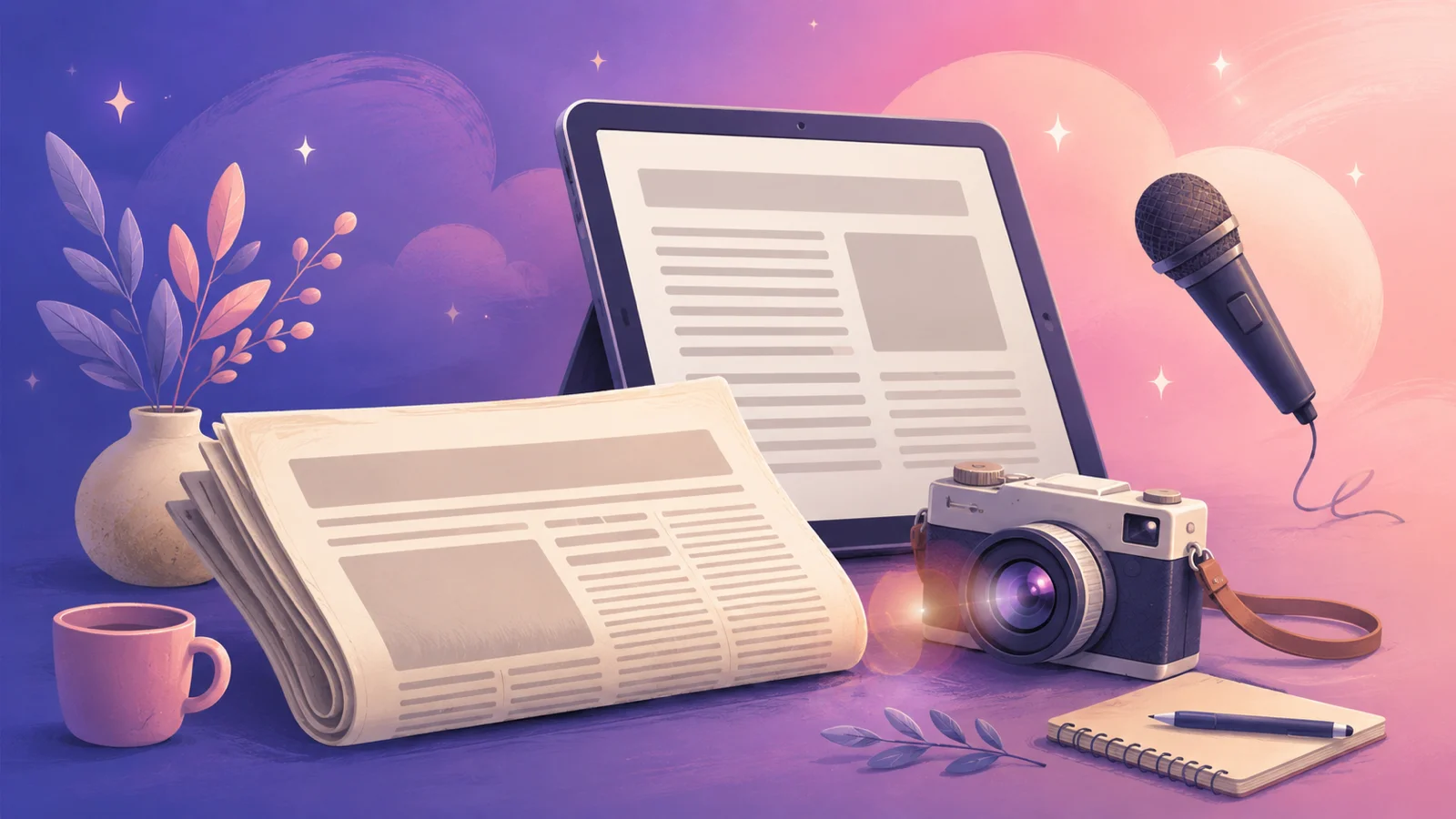 A stylized newspaper, camera, and microphone for press inquiries