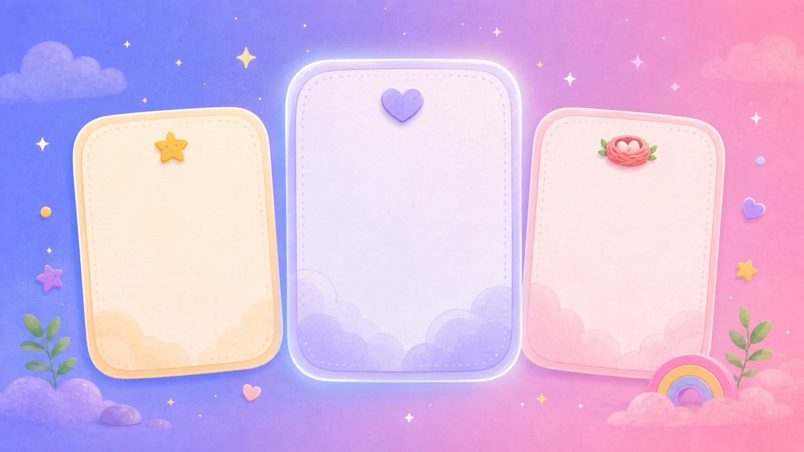 Three friendly tier cards floating with soft sparkles